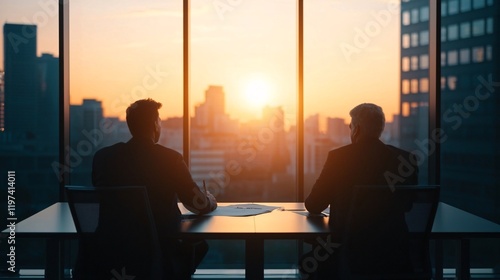 Businessmen Silhouetted Against Sunset Cityscape