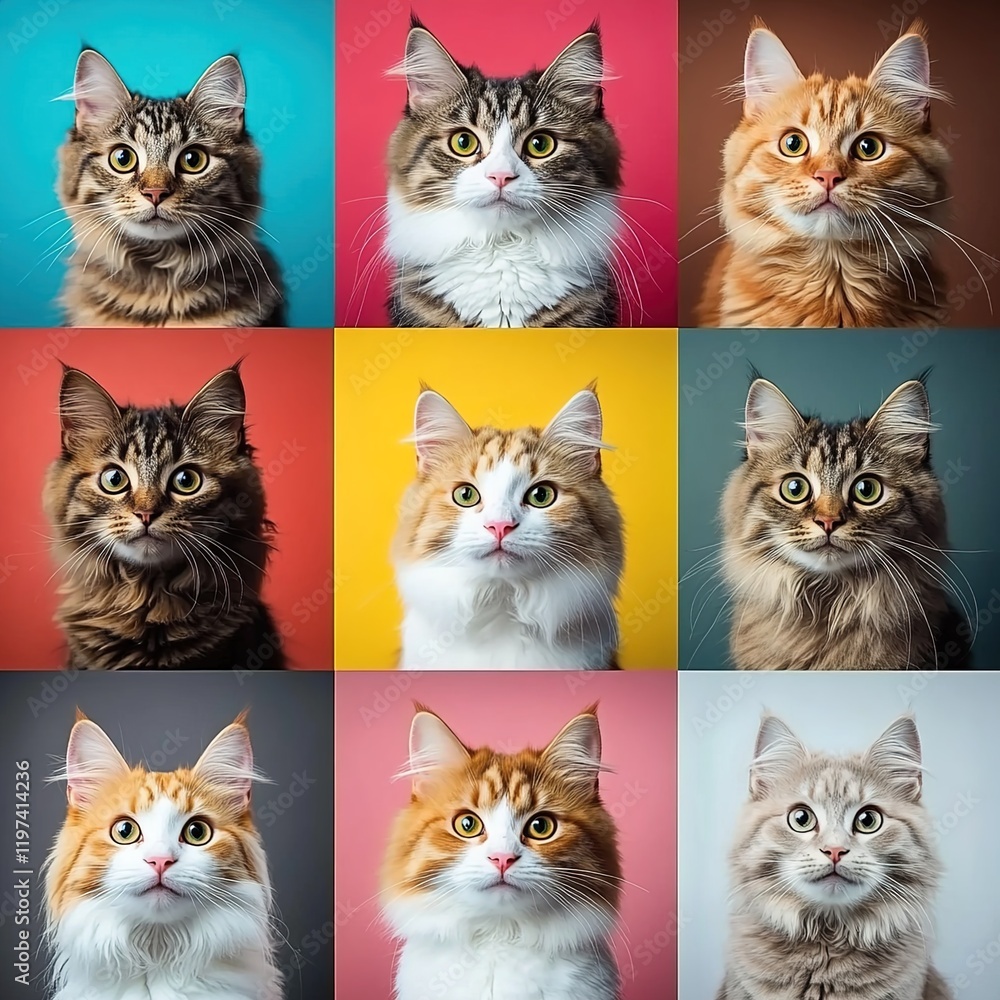 A grid of nine square photos featuring different breeds and coat patterns, each with the cat's head in focus against colorful backgrounds. A grid of nine square photos featuring different breeds and coat patterns, each with the cat's head in focus against colorful backgrounds.