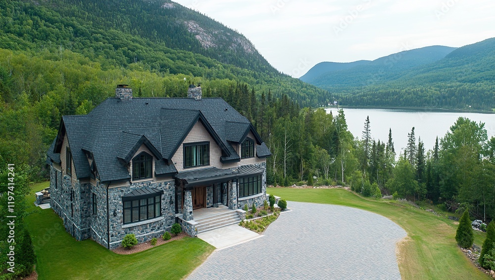 A beautiful, two-story large home with a dark grey shingle roof A beautiful, two-story large home with a dark grey shingle roof