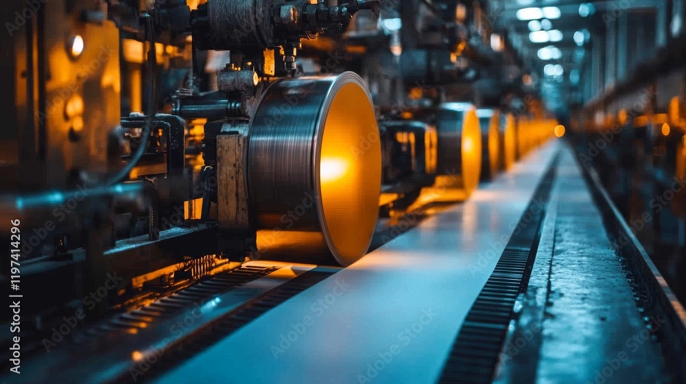 Fototapeta premium Industrial factory metal production line with glowing rollers.
