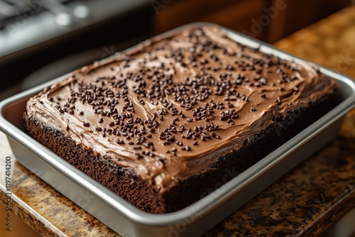 Chocolate cake, freshly frosted and sprinkled, ready to be enjoyed. photo