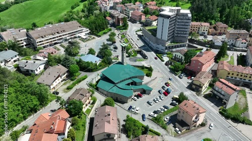 Aerial view of the town of Castelnovo ne' Monti located at the foot of the Bismantova Stone in the province of Reggio Emilia. Tuscan-Emilian Apennines, Italy