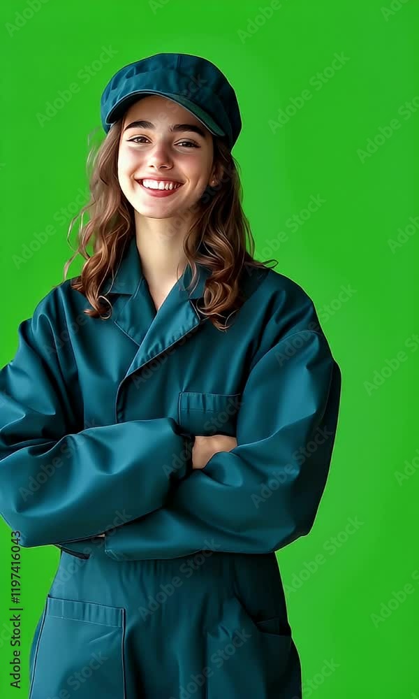 Smiling woman, green jumpsuit, studio, confident pose, professional Smiling woman, green jumpsuit, studio, confident pose, professional