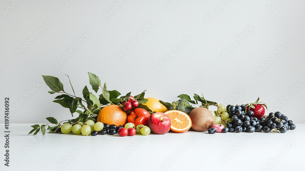 Fresh fruits and vegetables arranged beautifully on white surface, showcasing vibrant colors and textures. healthy and appealing display of produce Fresh fruits and vegetables arranged beautifully on white surface, showcasing vibrant colors and textures. healthy and appealing display of produce