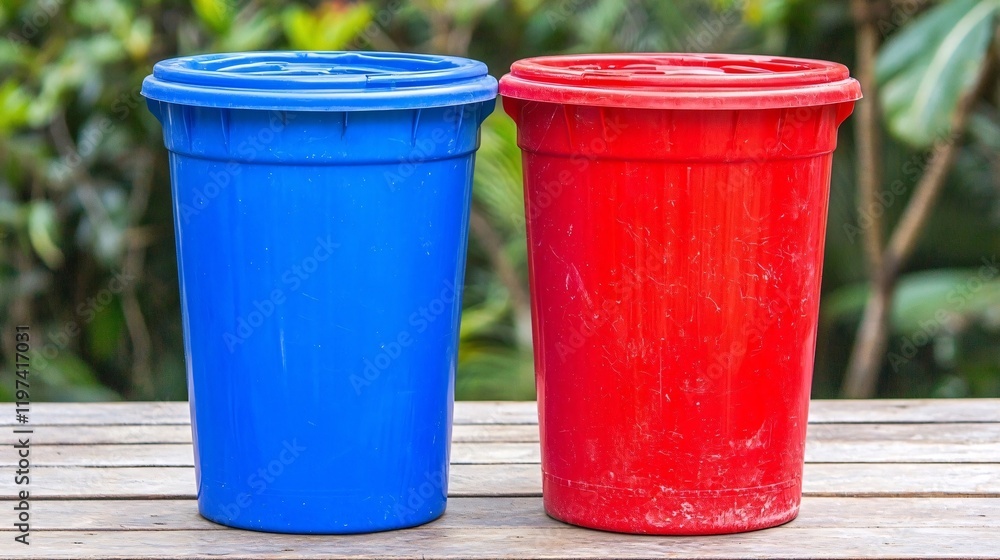 Two Plastic Buckets, Blue and Red, on Wooden Table. Two Plastic Buckets, Blue and Red, on Wooden Table.