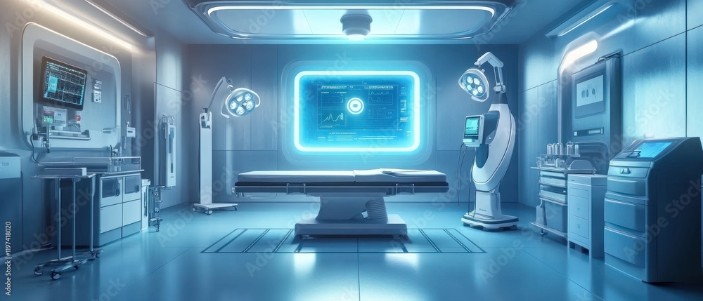 Futuristic sterile operating room with robotic surgical arm, medical equipment, and digital display. Futuristic sterile operating room with robotic surgical arm, medical equipment, and digital display.