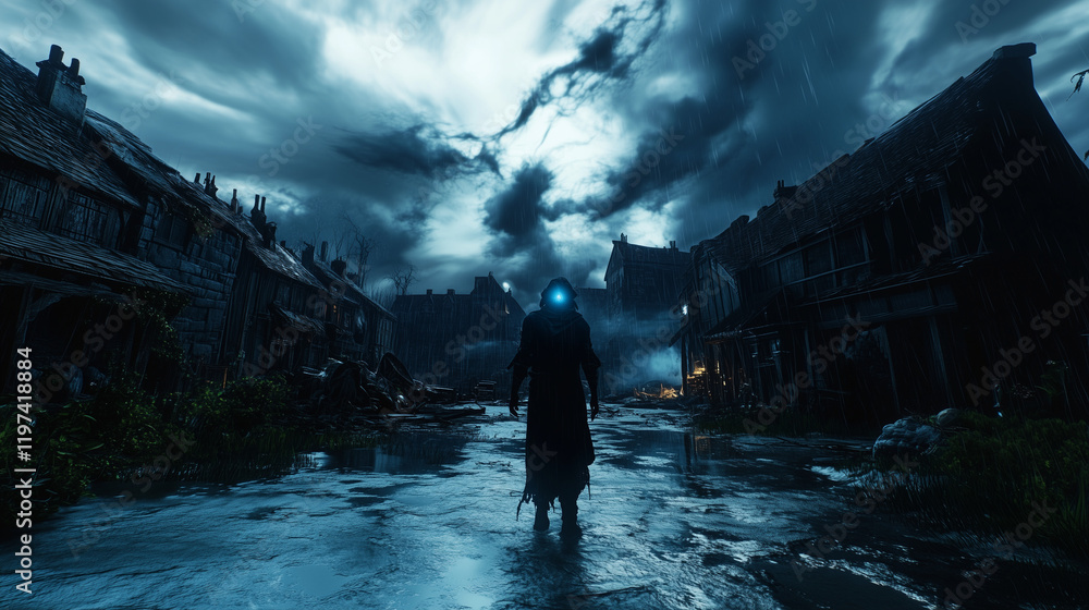 Fototapeta premium A storm-ravaged village under a dark sky filled with swirling clouds.