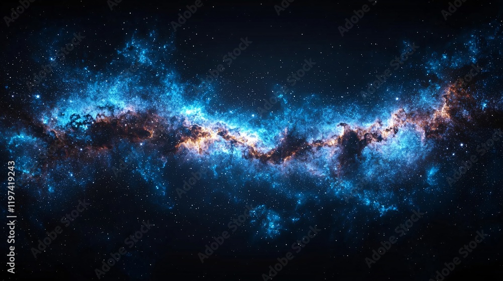 Fototapeta premium Vivid nebula in deep space, cosmic dust and gas clouds glowing with blue and orange hues.