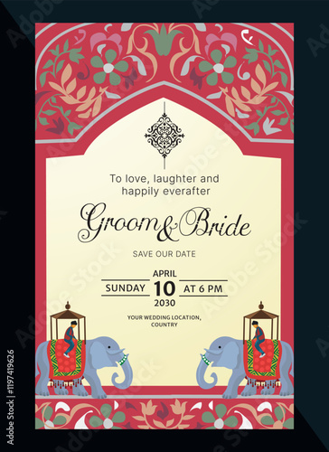hindu wedding invitation card elegantly designed for mehndi and roka ceremony with rajasthani elephants