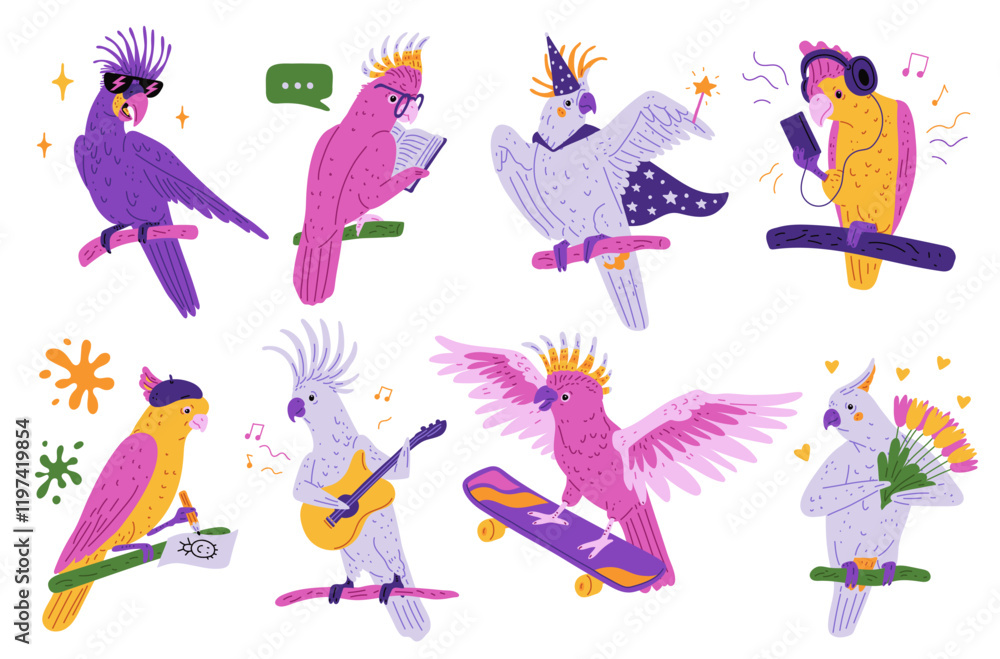 Obraz premium Illustration of a set of bright funny cockatoo parrots that read, draw, play the guitar, and more.
