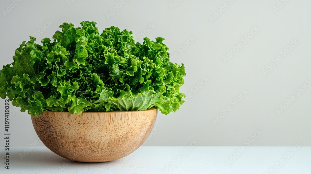 Fototapeta premium Isolated on white background a fresh lettuce head placed in a simple ceramic bowl on a white background Stock Photo with side copy space