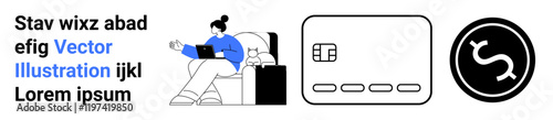 Woman seated with laptop next to suitcase, alongside credit card and dollar sign symbol. Ideal for travel planning, online shopping, finance management, digital payments, e-commerce, budgeting