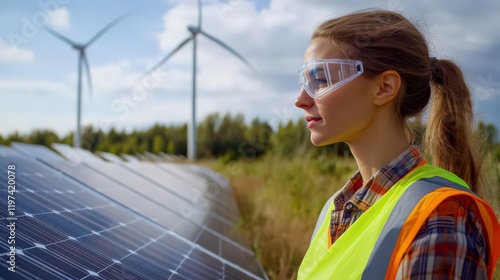 A female technician in a safety vest inspecting solar panels, with a windmill farm in the background. photo