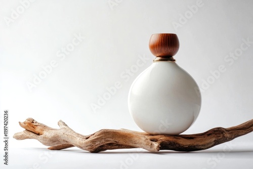 White perfume bottle on driftwood, minimalist studio backdrop, product photography photo