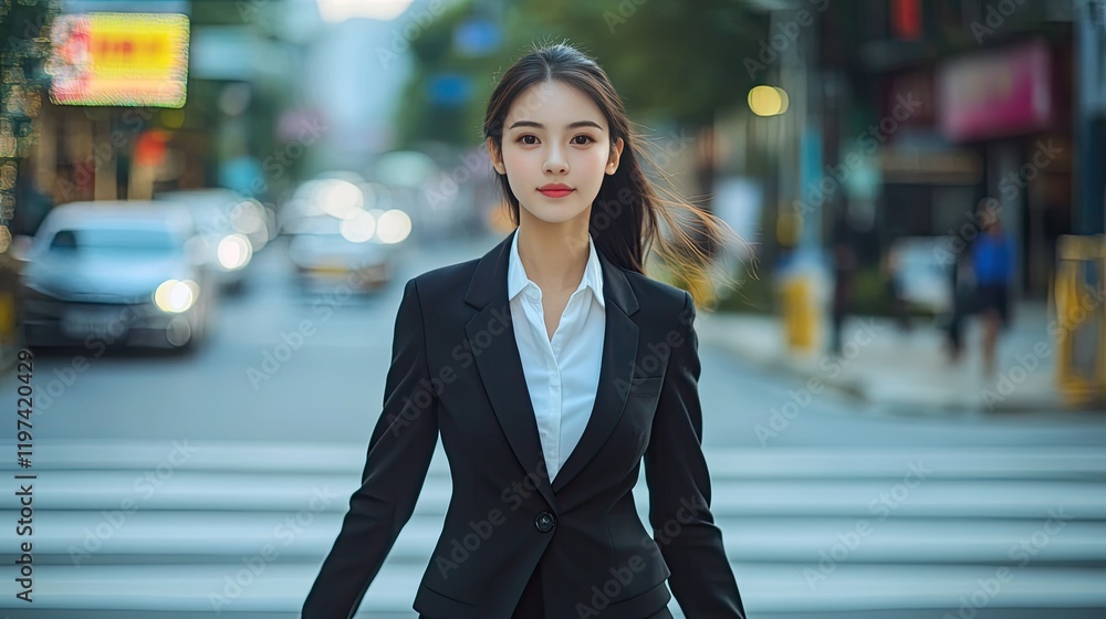 A confident businesswoman walking across a crosswalk, her professional attire sharp and her expression focused amidst the urban backdrop.