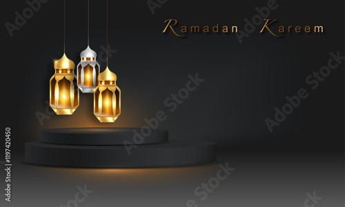 Ramadan Luxury 3D Islamic Podium with gold Arabic Hanging light Lamps, traditional Arab banner for product showcase, Product presentation, cosmetic, base, sales, vector black background