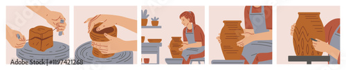 Vector banner with a set of illustrations of the process of making ceramic dishes.