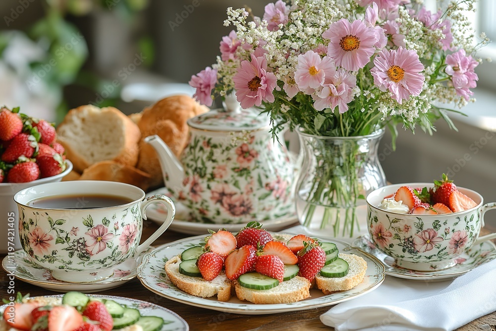 Elegant tea party scene with floral teacups, fresh strawberries, cucumber sandwiches, and a bouquet of flowers. Elegant tea party scene with floral teacups, fresh strawberries, cucumber sandwiches, and a bouquet of flowers.
