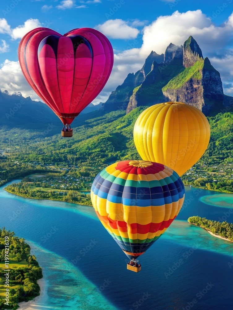 Fototapeta premium Hot air balloons floating over a scenic lake surrounded by mountains, symbolizing adventure, travel, and leisure, perfect for tourism or vacation posters..