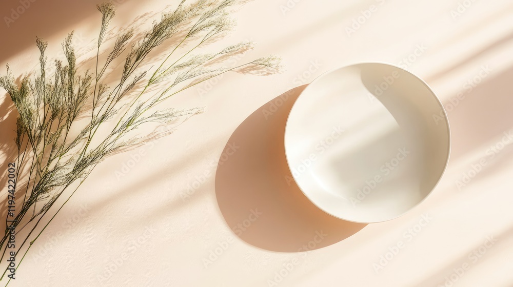 Fototapeta premium Minimalist Aesthetic Still Life with Neutral Tones featuring a White Bowl and Delicate Green Grass on a Soft Peach Background for Text Placement