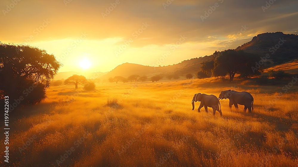 Fototapeta premium Elephants walking at sunset serengeti wildlife photography natural landscape