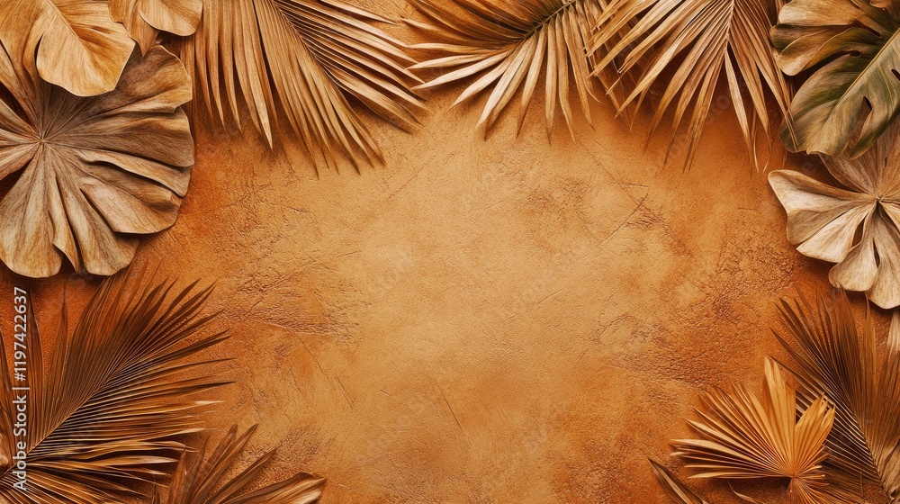 Fototapeta premium Earth-toned textured background featuring lush dried palm leaves framing an empty center ideal for text placement in a tropical aesthetic setting.