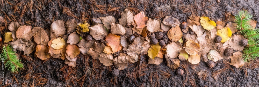 Autumn foliage and pine cones on forest floor with pine needles and leaves Autumn foliage and pine cones on forest floor with pine needles and leaves