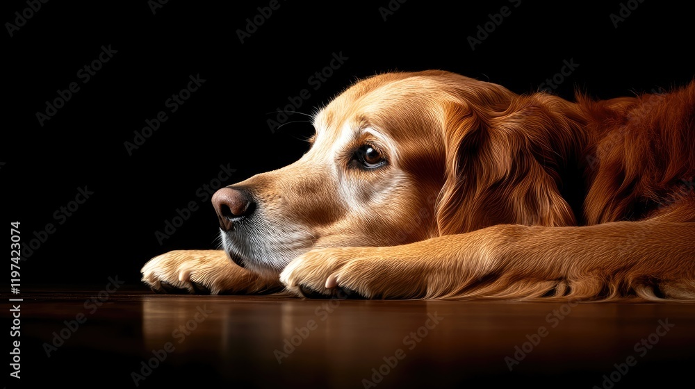 Golden retriever dog resting calmly with gentle expression on wooden floor in dark interior space ideal for pet companionship concept and text placement Golden retriever dog resting calmly with gentle expression on wooden floor in dark interior space ideal for pet companionship concept and text placement