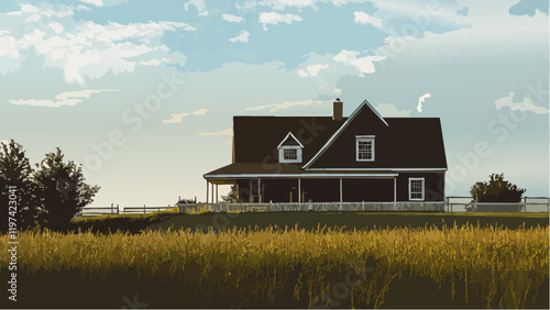 Countryside Farmhouse with White Fence