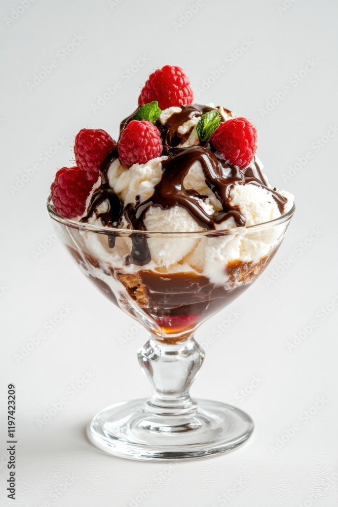 Delicious Raspberry and Chocolate Ice Cream Sundae in a Glass Delicious Raspberry and Chocolate Ice Cream Sundae in a Glass
