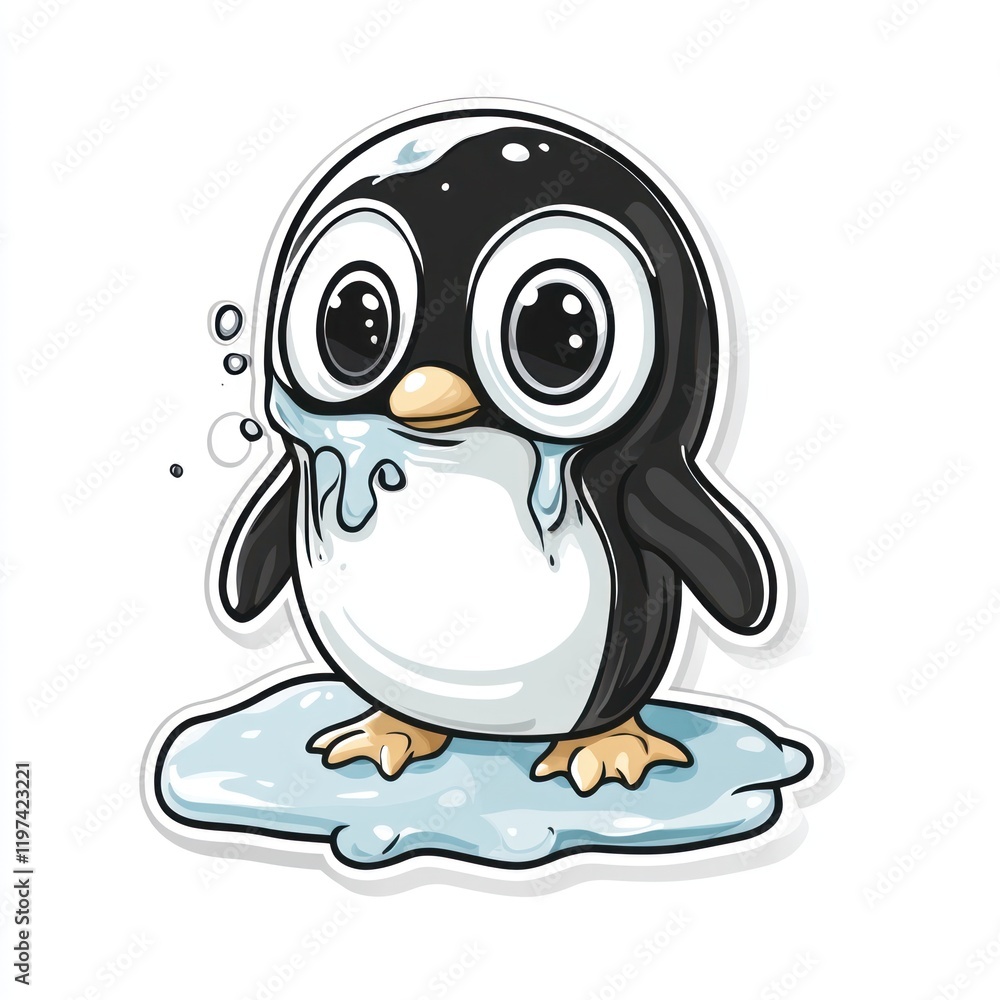 Obraz premium Sad penguin melting on ice, global warming, children's book illustration