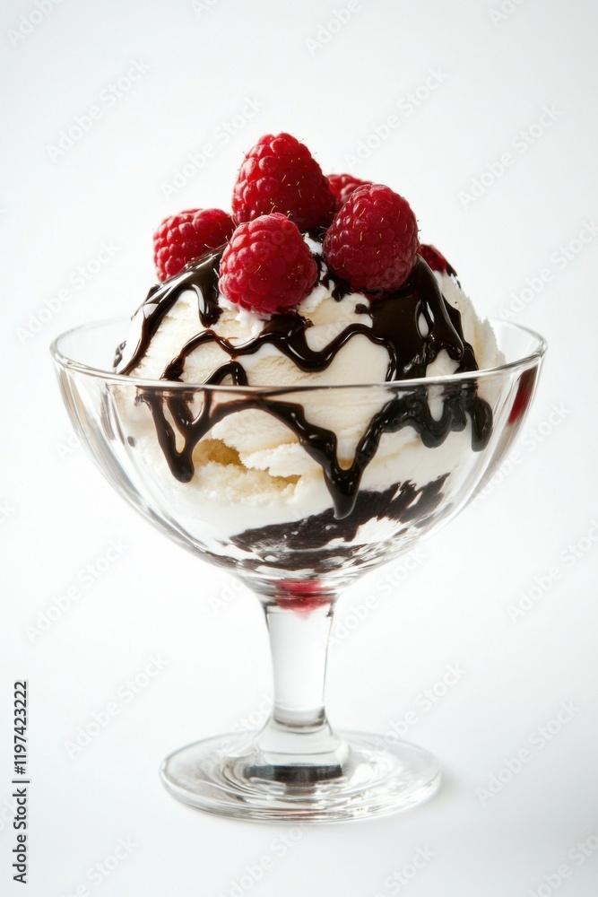Delicious Vanilla Ice Cream Sundae with Raspberries and Chocolate Sauce Delicious Vanilla Ice Cream Sundae with Raspberries and Chocolate Sauce
