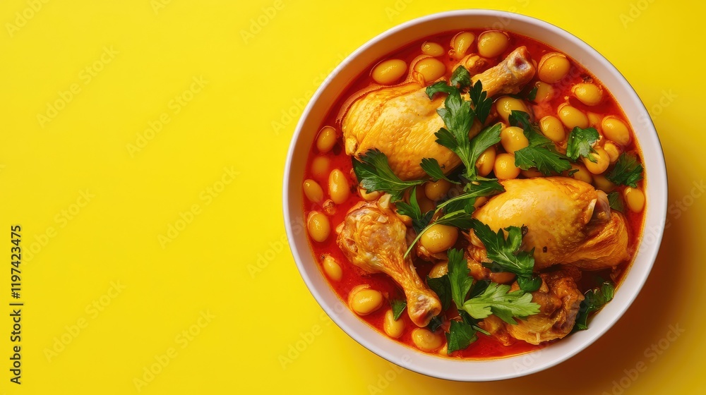 Boiled chicken and bean dish garnished with parsley in a vibrant yellow bowl on a bold yellow background suitable for food banners and culinary promotions Boiled chicken and bean dish garnished with parsley in a vibrant yellow bowl on a bold yellow background suitable for food banners and culinary promotions