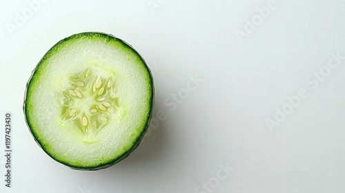 Isolated on white background a single cucumber cut lengthwise revealing its crisp and textured interior Stock Photo with side copy space photo