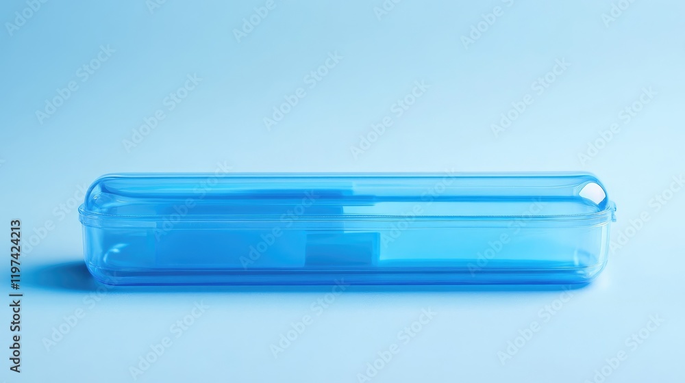 Affordable Blue Transparent Pencil Case on Soft Blue Background for Cute Stationery and School Supplies with Clear Copy Space for Text Placement Affordable Blue Transparent Pencil Case on Soft Blue Background for Cute Stationery and School Supplies with Clear Copy Space for Text Placement