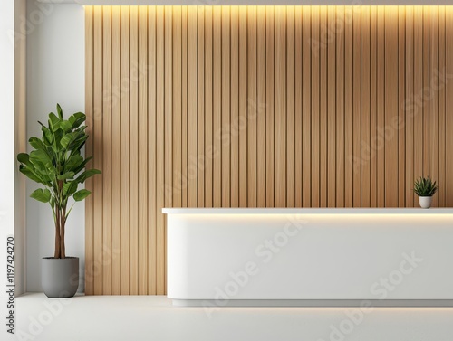 Sleek and simple bank interior with counters highlighted by recessed lighting