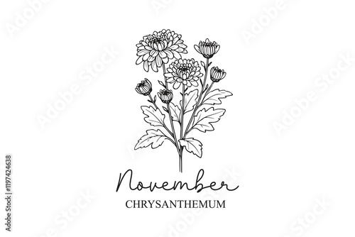 November Birth Month Flowers Line Art