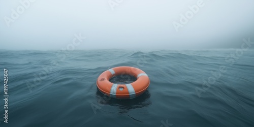 A life preserver is floating in the ocean. The water is choppy and the sky is cloudy