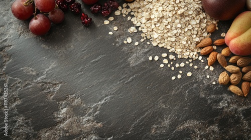 Variety of organic fruits, grains, and nuts on dark stone surface with free space photo