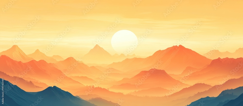 Fototapeta premium Mountain landscape at sunrise with layered hills in warm color tones and soft clouds Copy Space