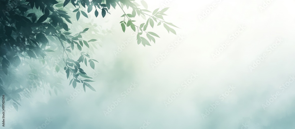 Foggy landscape with light blue mist and green foliage framing the top, ideal for nature backgrounds with ample copy space. Foggy landscape with light blue mist and green foliage framing the top, ideal for nature backgrounds with ample copy space.