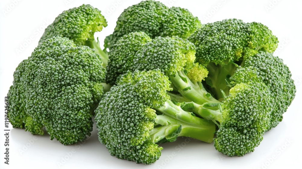 Isolated on white background a vibrant broccoli floret with a delicate stem placed flat Stock Photo with side copy space Isolated on white background a vibrant broccoli floret with a delicate stem placed flat Stock Photo with side copy space