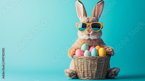 Playful bunny with sunglasses and easter eggs studio digital art cheerful
