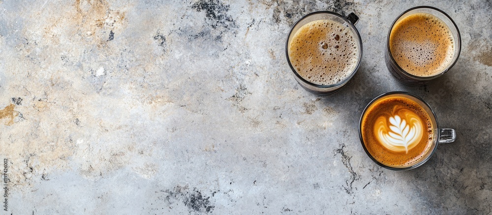 Three cups of coffee on a textured gray stone surface with copy space for text Three cups of coffee on a textured gray stone surface with copy space for text