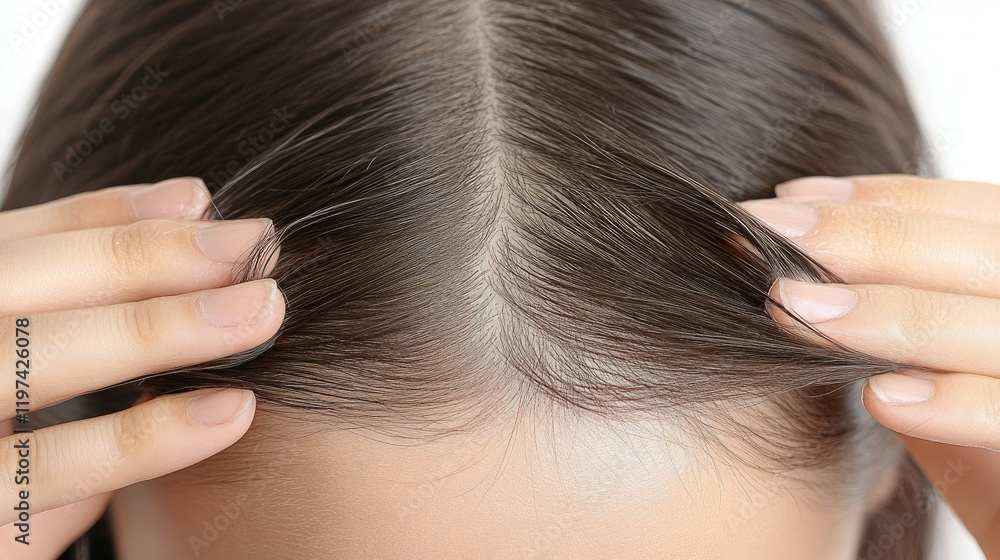 Naklejka premium Cropped view of a young woman dealing with an itchy scalp, focus on hands scratching her hair, minimal white background.