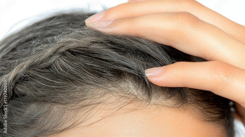 Fototapeta premium Cropped view of a young woman scratching her scalp with her fingers, isolated on a white background, concept of scalp itching and discomfort.