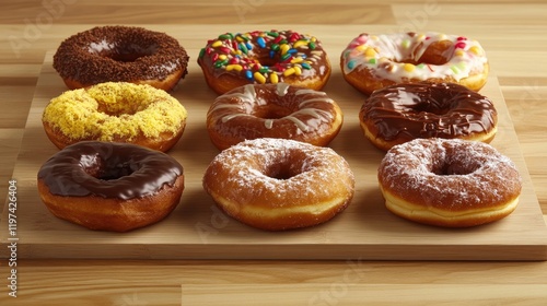 Wallpaper Mural Colorful Assorted Doughnuts Displayed on a Rustic Wooden Platter with Chocolate Frosting, Sprinkles, and Sugar Toppings Torontodigital.ca
