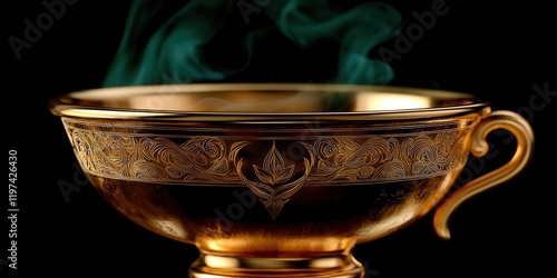 Gold cup with a green smoke coming out of it photo