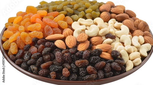 Colorful assortment of dried fruits and nuts including golden raisins, black raisins, cashews, almonds, walnuts, apricots, and pine nuts in a brown bowl on a bright background. photo