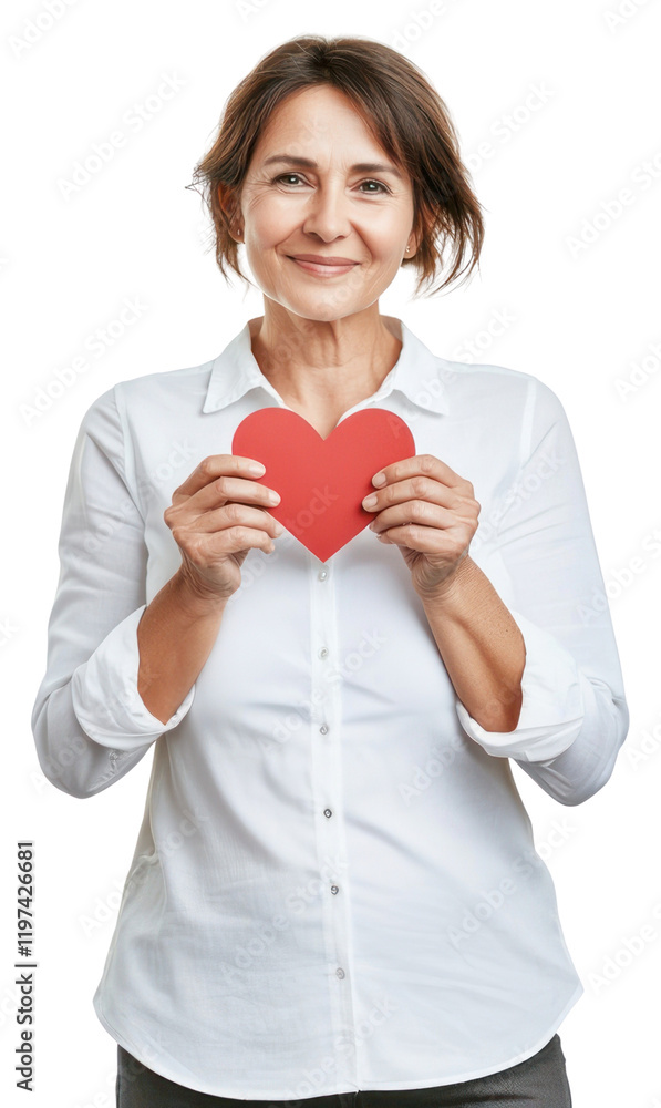 PNG Happy mature woman holding a heart paper shape shirt white white shirt. PNG Happy mature woman holding a heart paper shape shirt white white shirt.